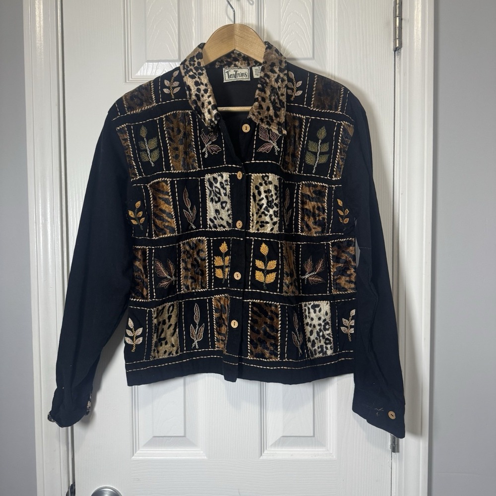 Vintage Tantrums Black Animal Print Corduroy Quilted‎ Jacket Women's Size Small